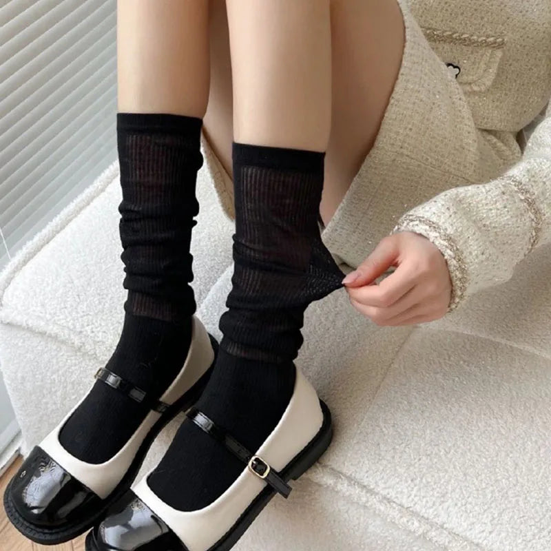 Women's Summer And Autumn Thin Mid Iength Socks Are Comfortable And Breathable Solid Color Simple Vertical Stripe Socks Trend