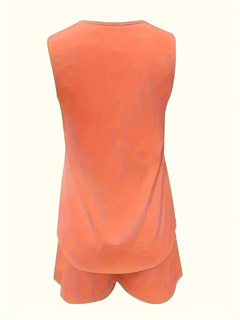Plus Size 1XL-5XL Women's Solid Chic Casual Two-Piece Set Comfortable Crew Neck Tank Top Grommet Eyelet Detail & Trendy Shorts