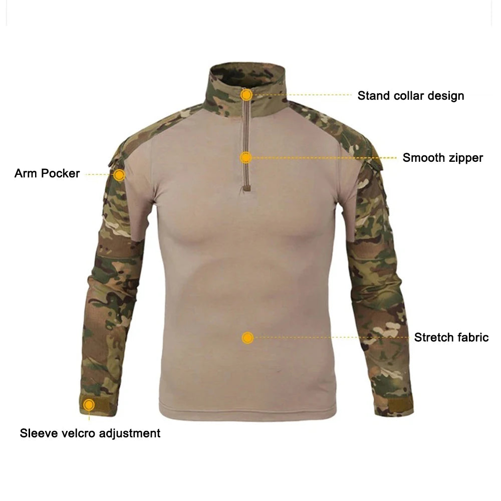 Outdoor Tactical Hiking T-Shirts Men Combat Camouflage Long Sleeve Hunting Training Climbing Shirt Cotton Sport Clothes