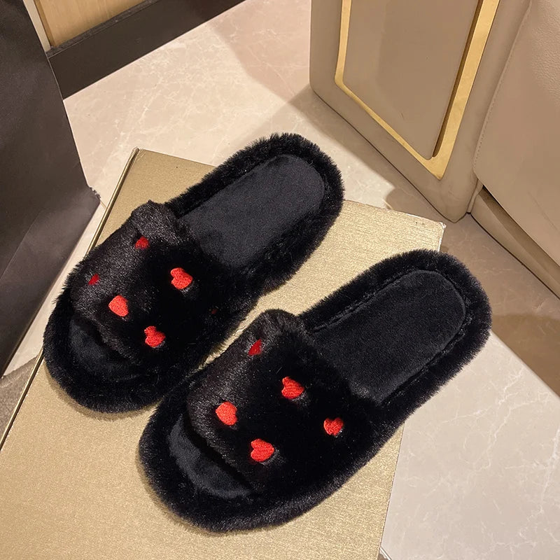 Fur Women Slippers Winter New Fashion Plush Shallow Mouth Indoor Outdoor Flip-flop Casual Bedroom Solid Color Slides Flat Shoes