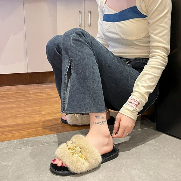 New autumn and winter metal chain hairy slippers fashionable and warm large fur flat heel cotton slippers