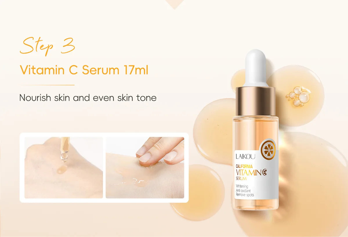 LAIKOU 5pcs Vitamin C Skin Care Set Deep Cleansing Facial Cleanser Face Cream Moisturizer Toner Eye Serum Gift Box Skin Care