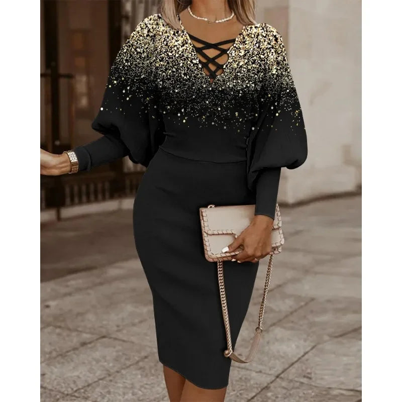 Women's Spring/autumn Fashionable Printed Dress V-Neck Band Waist Pack Hip Dress Leisure Elegant Long Sleeve Dress