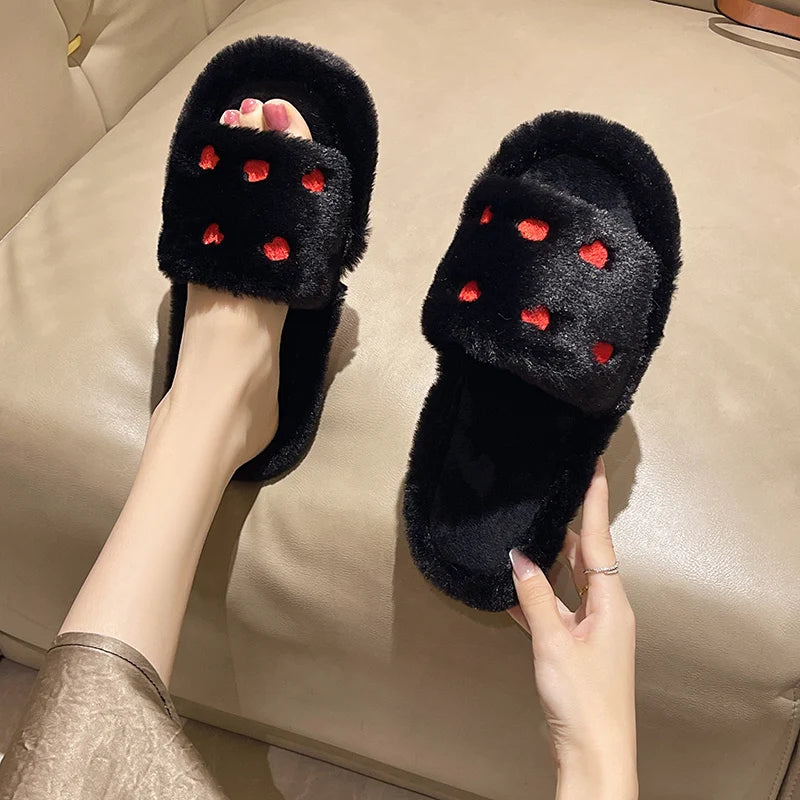 Fur Women Slippers Winter New Fashion Plush Shallow Mouth Indoor Outdoor Flip-flop Casual Bedroom Solid Color Slides Flat Shoes
