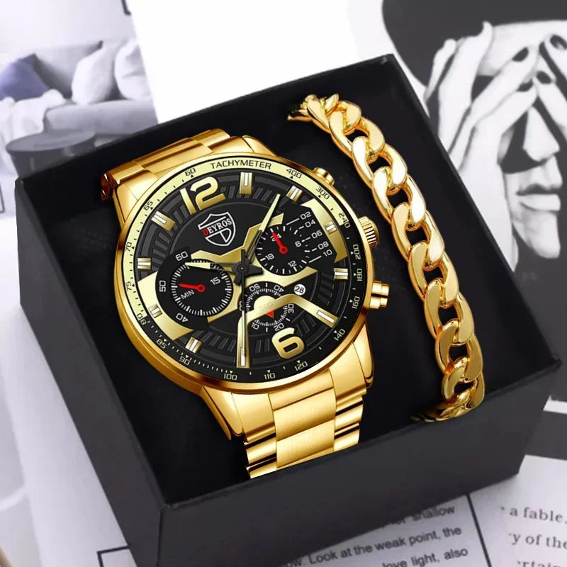 Kegllect Men Watches Business Chronograph Watch Luxury Gold Stainless Steel Quartz Wristwatch