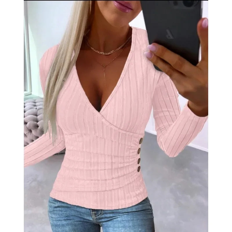 Women's Autumn Simple Solid Color Long Sleeve Top Casual Commuter Pullover Knitwear Top Fashion V-neck Simple Knitwear