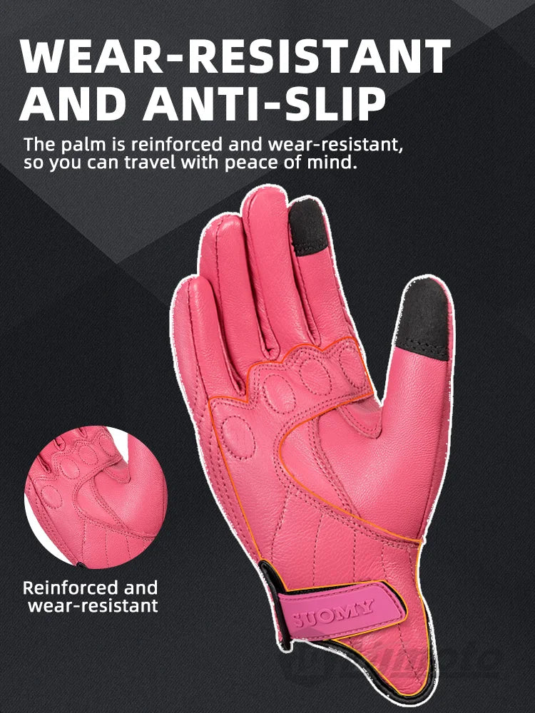 SUOMY Lady Pink Leather Motorcycle Gloves Genuine Leather Perforated Women Motorbike Riding Gloves Touch Screen Moto Guantes