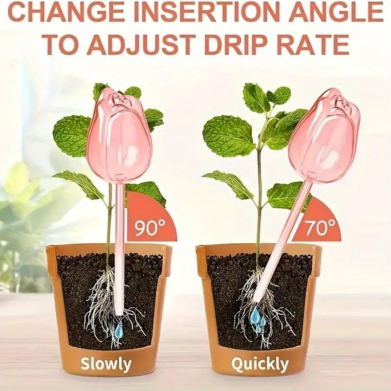 5PCS Plastic Pink Tulip Plant Watering Balls Narrow Outlet Design for Prolonged Dropping Suitable for Indoor and Outdoor Plants