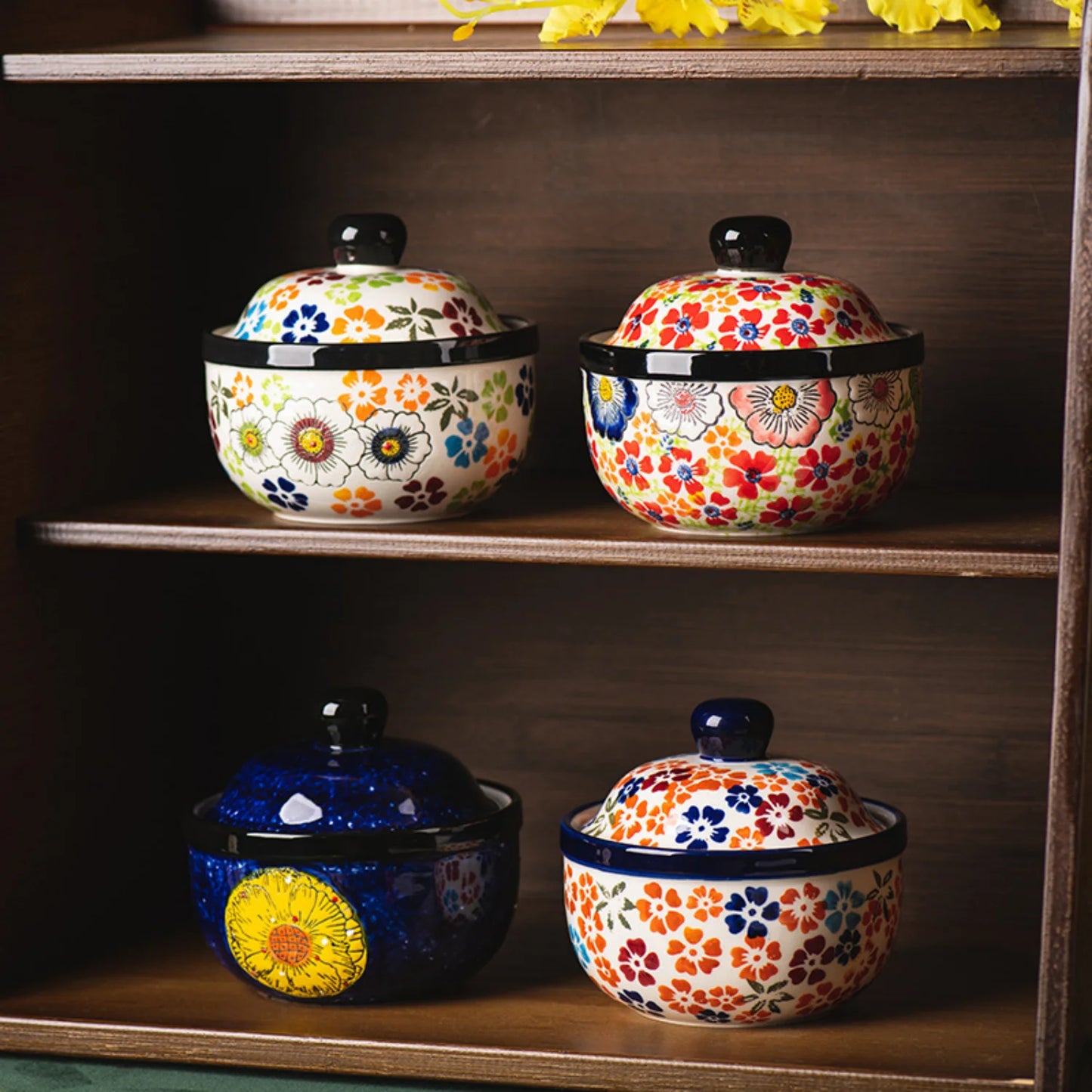Hand-painted ceramic stew bowl, kitchen soup cup with lid, water-proof soup pot, steamed egg bowl, dessert bowl