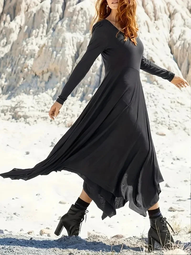 Plus Size 1XL-5XL Women's Solid V-neck Simple Irregular Hem Skirt Long Sleeved Top Tight Bottom Loose A-line Skirt Dress