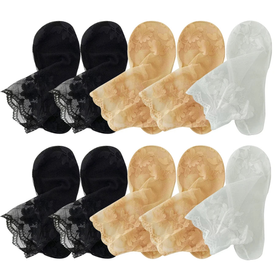 5 Pairs Summer Women Transparent Lace Bottom Short Socks Flower Soft Comfortable Sweat Absorbing Breathable Casual Ankle Socks