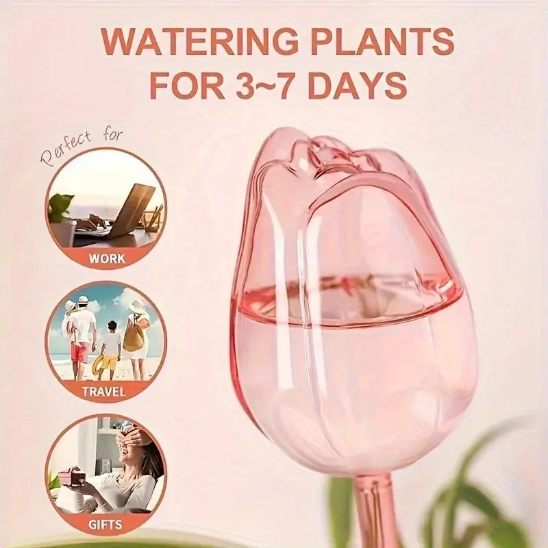 5PCS Plastic Pink Tulip Plant Watering Balls Narrow Outlet Design for Prolonged Dropping Suitable for Indoor and Outdoor Plants