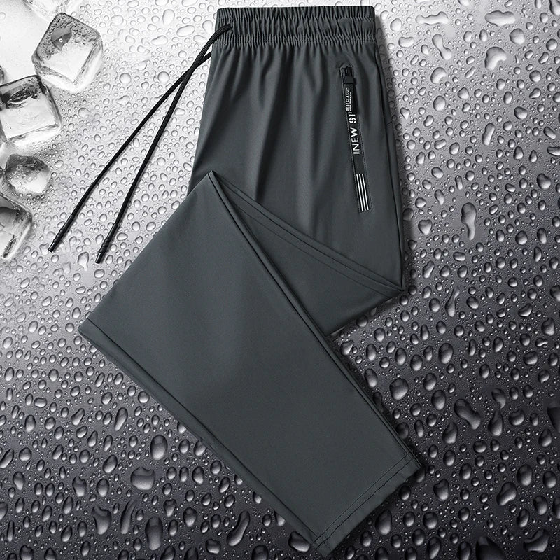 Summer Spring Men's Waist Drawstring Quick Dry High Stretch Solid Color Sports Training Outdoor Long Pants With Zipper Pockets