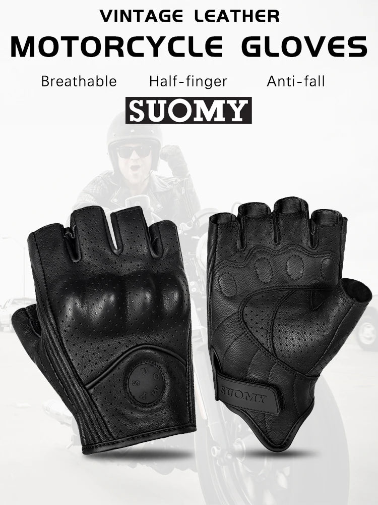 Summer Half Finger Motorcycle Gloves Retro Black Leather Perforated Motorbike Motocross Fingerless Gloves Men Women Riding Glove