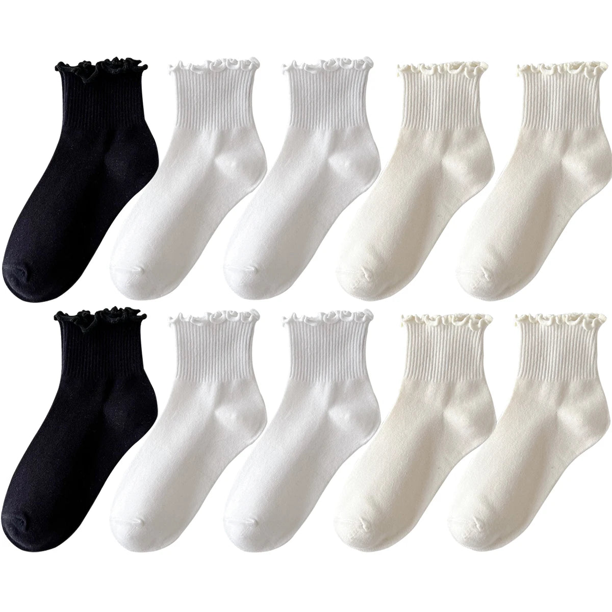 5 Pairs Socks for Women Ruffle Tube Ankle Short Breathable Cuffed Black White Set Spring Autum Soft Solid Color