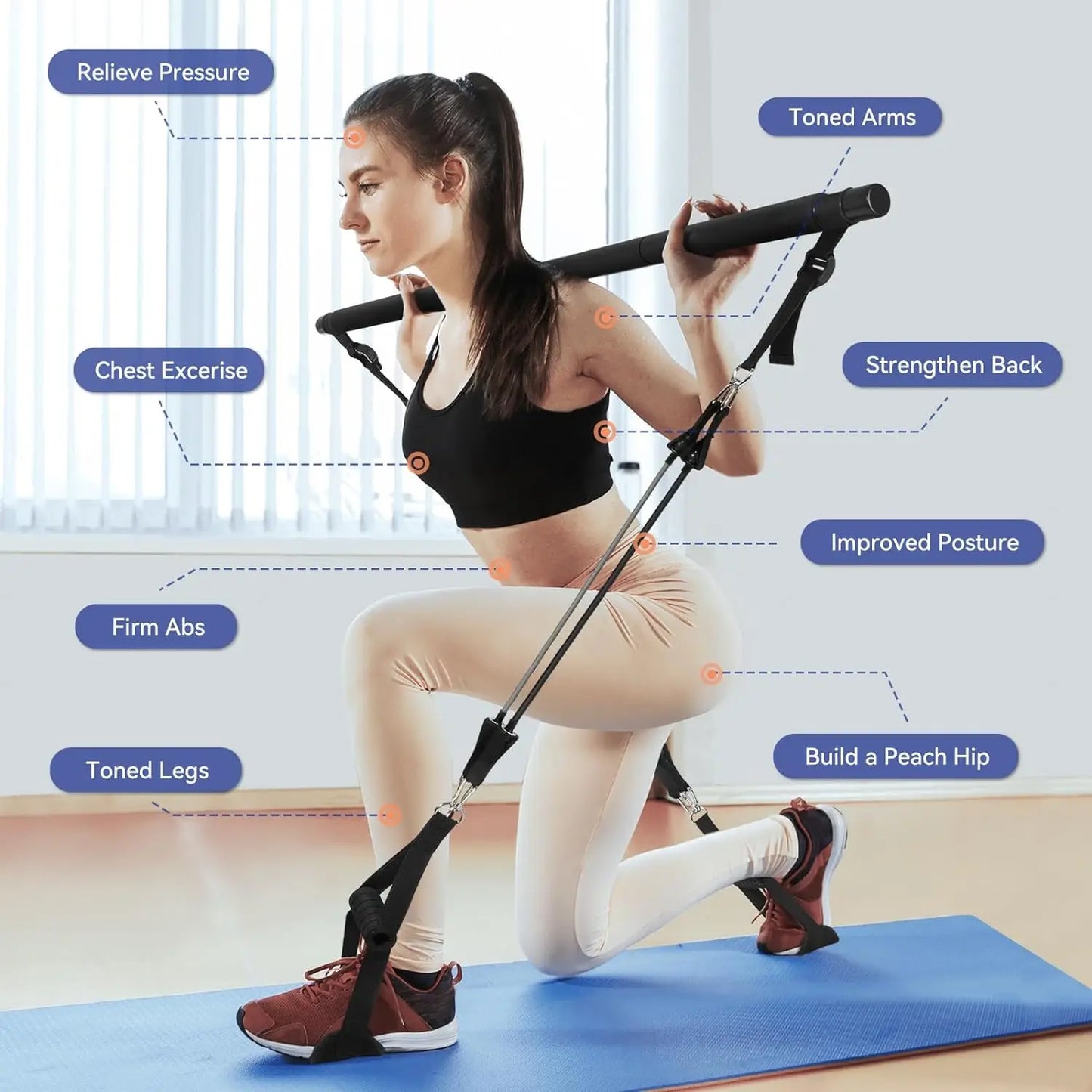 Resistance Band Portable Pilates Stick For Home Fitness, Full Body Exercise, Chest Expansion, Back Training, And Body Stretching