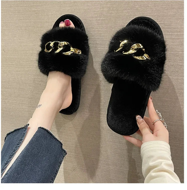 New autumn and winter metal chain hairy slippers fashionable and warm large fur flat heel cotton slippers
