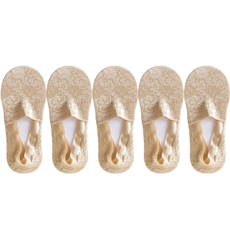 5 Pairs/Lot Socks Women's Fashion Lace Flower Summer Invisible Short No-Show Foot Ankle Set Antiskid White Boat Sock