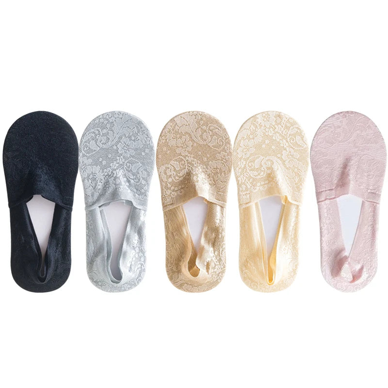 5 Pairs/Lot Socks Women's Fashion Lace Flower Summer Invisible Short No-Show Foot Ankle Set Antiskid White Boat Sock