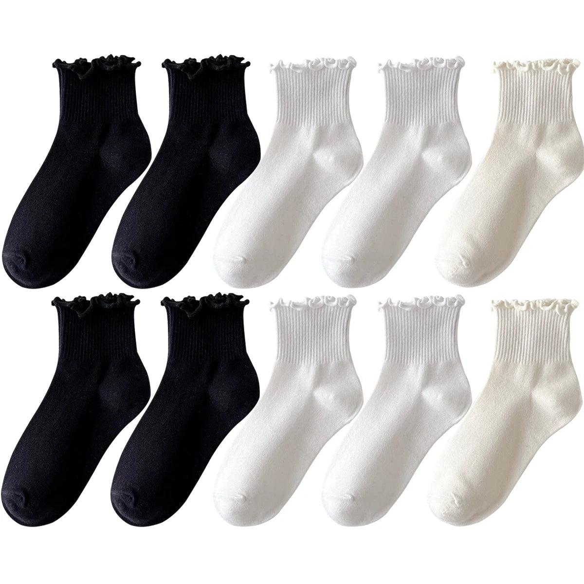 5 Pairs Socks for Women Ruffle Tube Ankle Short Breathable Cuffed Black White Set Spring Autum Soft Solid Color