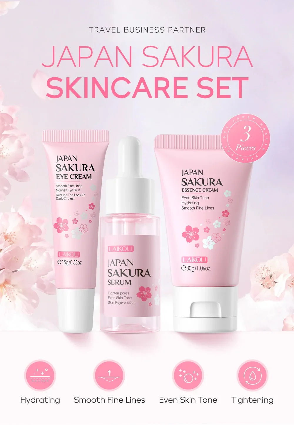 LAIKOU Cherry Blossom Skin Care Set 3-piece Essence Eye Cream Face Cream Skin Care Product Facial Products Kit Skincare Sets