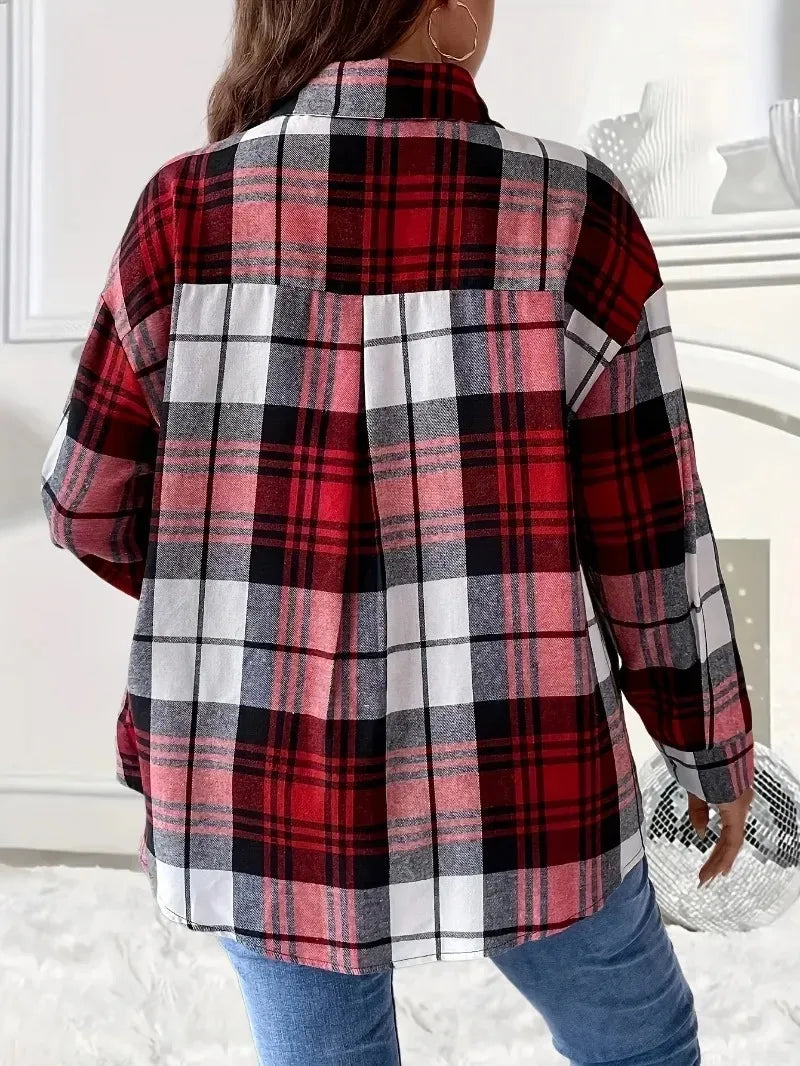 Women's Spring and Summer Plus Size 1XL-5XL Checkered Printed Shoulder Top Women's Long Sleeved Casual Shirt