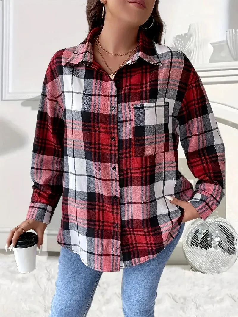 Women's Spring and Summer Plus Size 1XL-5XL Checkered Printed Shoulder Top Women's Long Sleeved Casual Shirt