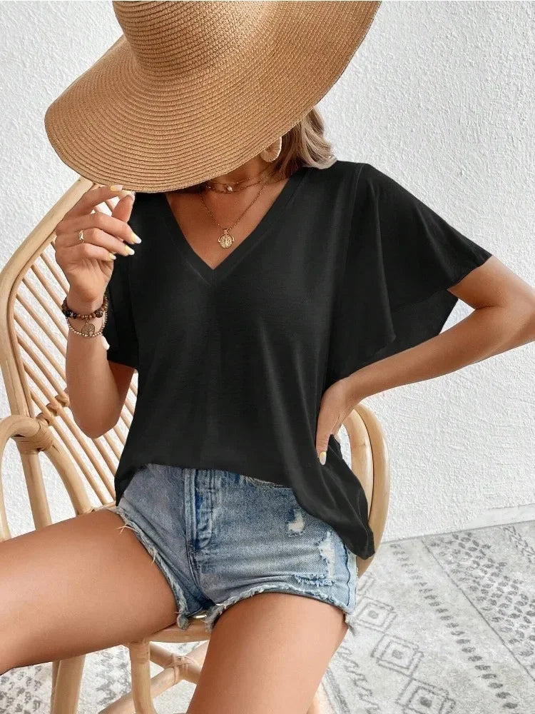Fashionable Summer Women's Versatile Solid Color T-shirt Short Sleeve Elegant Butterfly Sleeve Top Casual V-neck Loose T-shirt