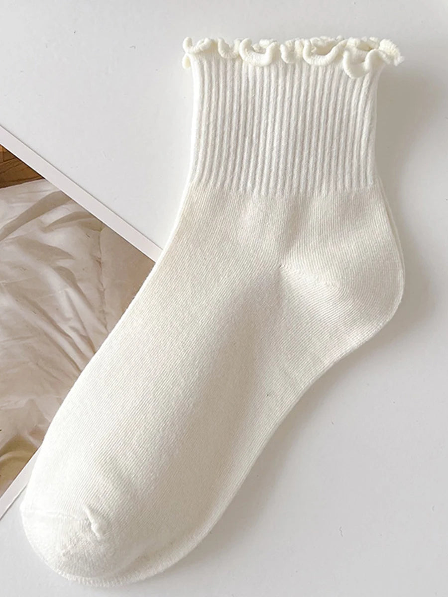 5 Pairs Socks for Women Ruffle Tube Ankle Short Breathable Cuffed Black White Set Spring Autum Soft Solid Color