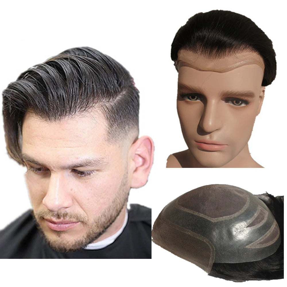 NLW Toupee for Men 100% Human Hair Pieces Hair prosthesis Mens Swiss Lace Front with PU Around Hair Replacement System