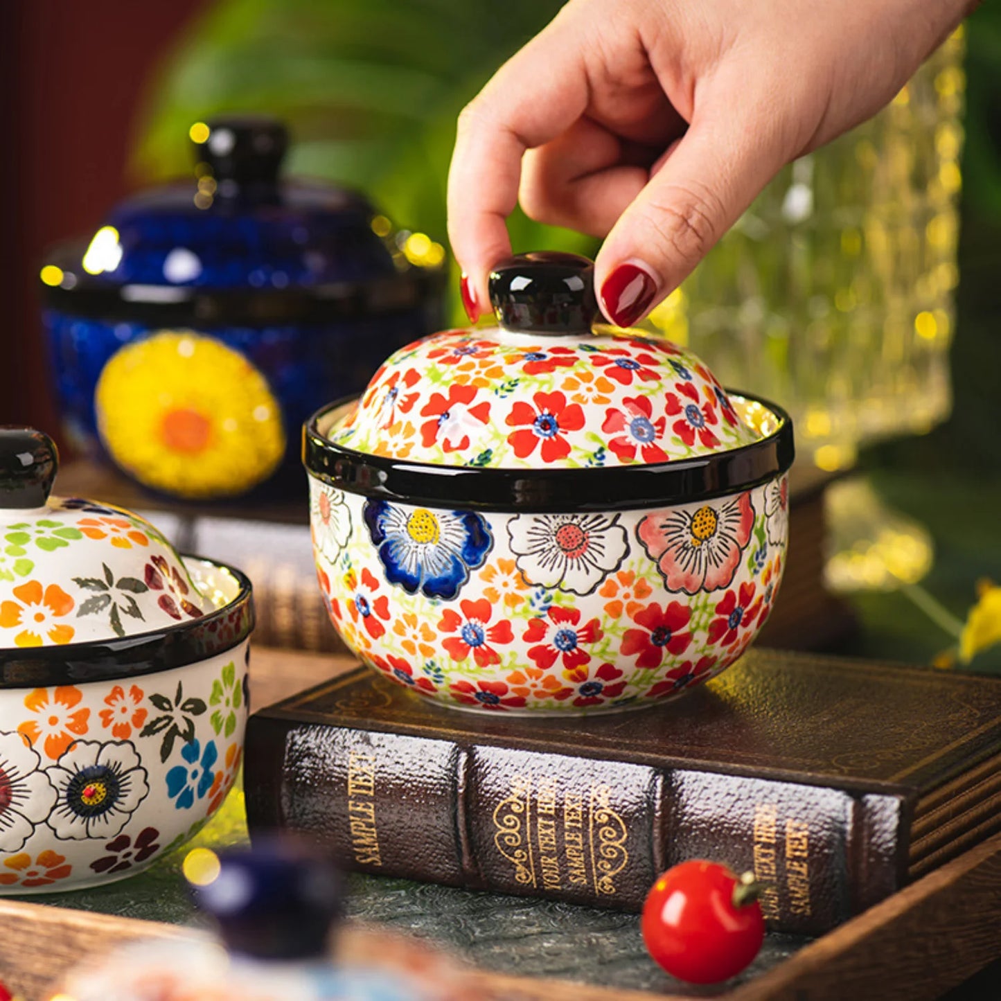 Hand-painted ceramic stew bowl, kitchen soup cup with lid, water-proof soup pot, steamed egg bowl, dessert bowl