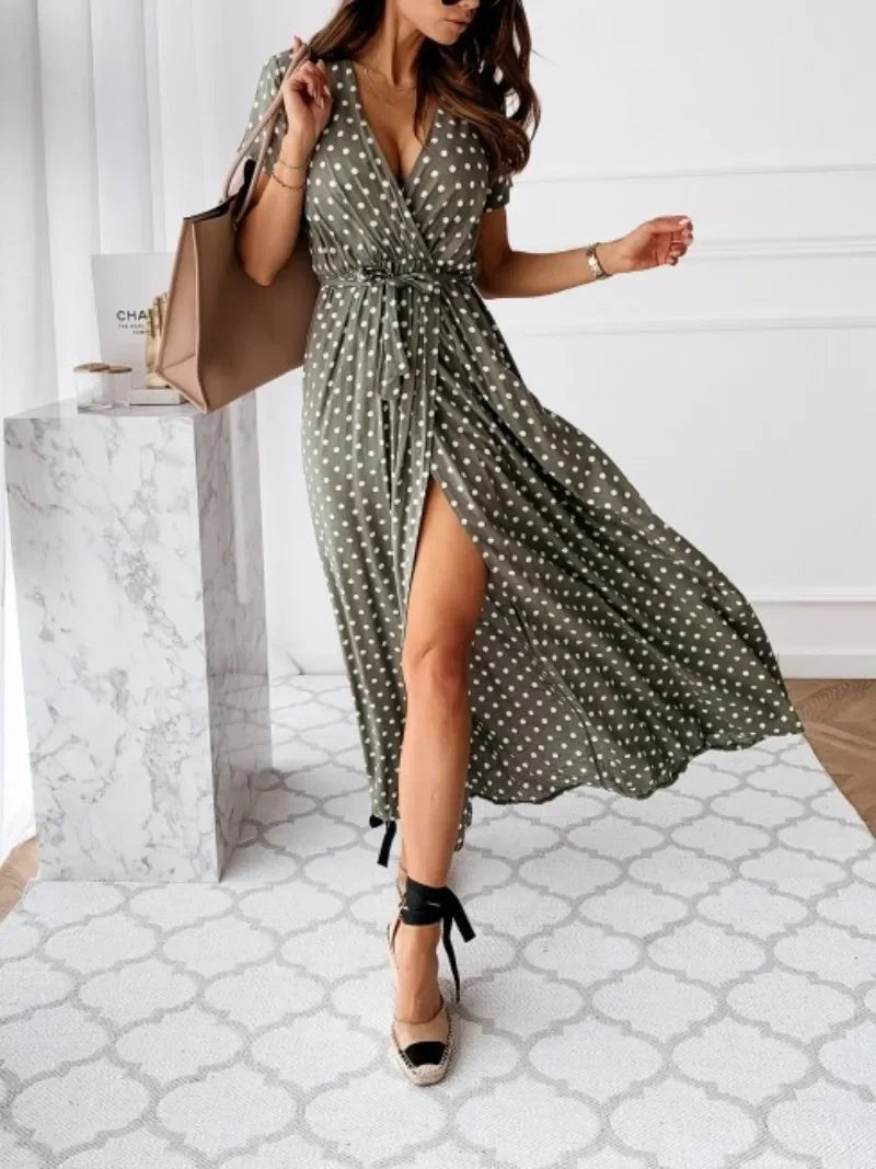 Women's Summer Short Sleeved V-neck and Ankle Skirt Bohemian Polka Dot Printed Dress Long Skirt