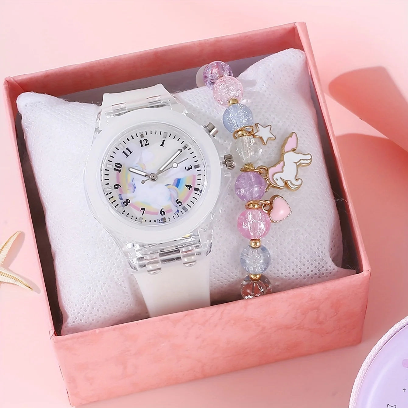 1/2pcs/set, 1pc Girls Light LED Luminous Cartoon Unicorn Quartz Wristwatch & 1pc Beaded Bracelet, Ideal choice for Gifts