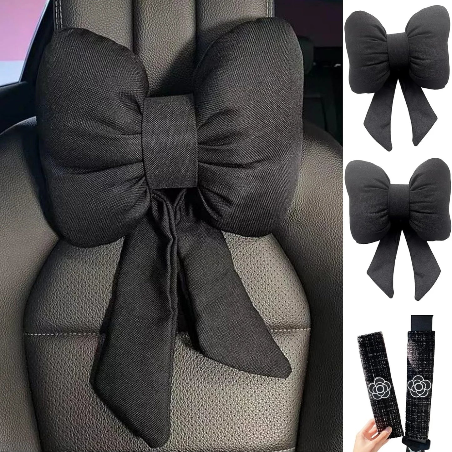 Car Seat Neck Pillow Elegant Bow Car Headrest Pillow Set - Cotton Linen Neck Cushion Universal Fit for Women Comes with 2 Seat B