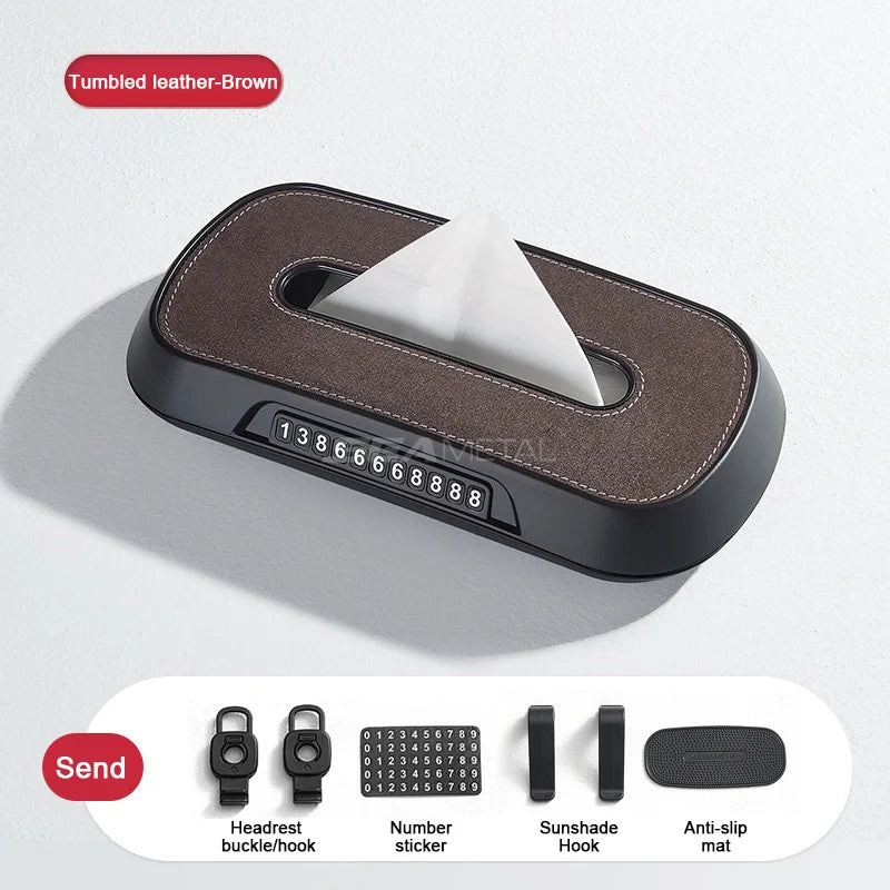BLALION Car Tissue Box with Temporary Parking Card Sun Visor Backseat Tissue Holder Leather Case Auto Interior Accessories