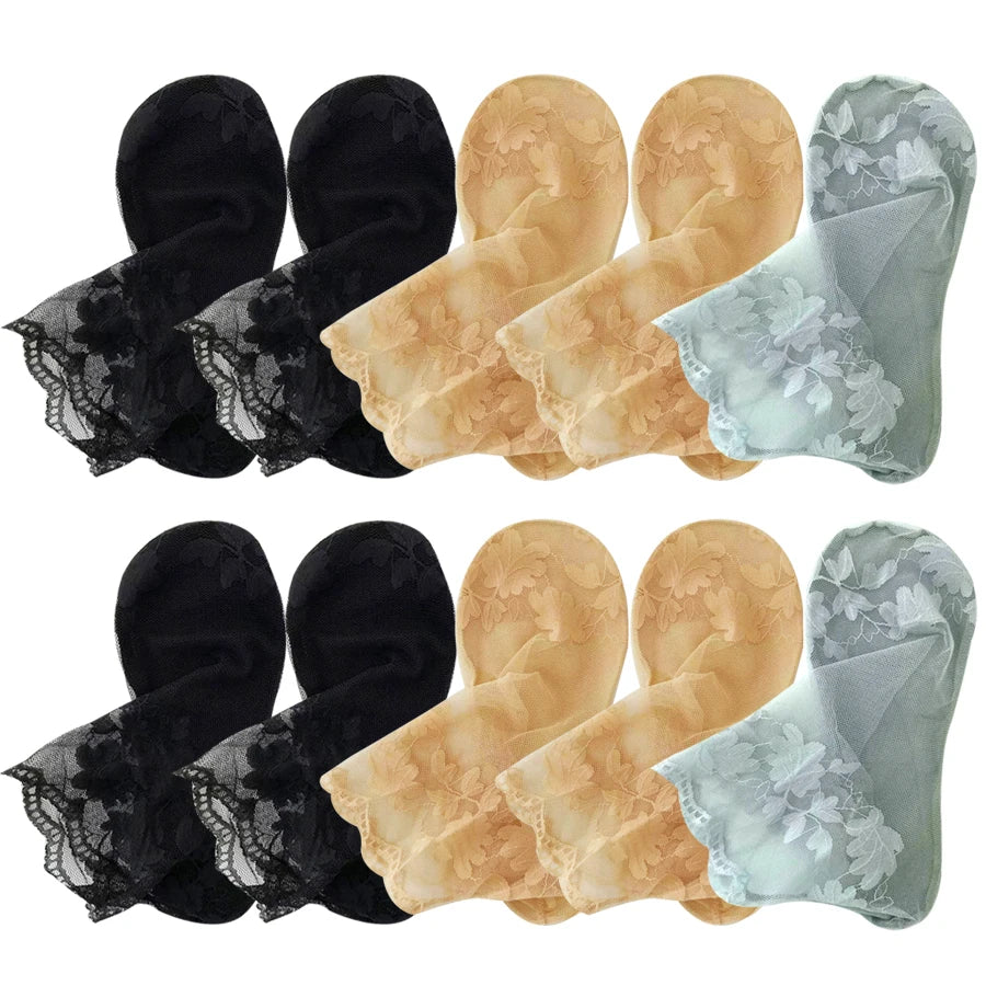 5 Pairs Summer Women Transparent Lace Bottom Short Socks Flower Soft Comfortable Sweat Absorbing Breathable Casual Ankle Socks