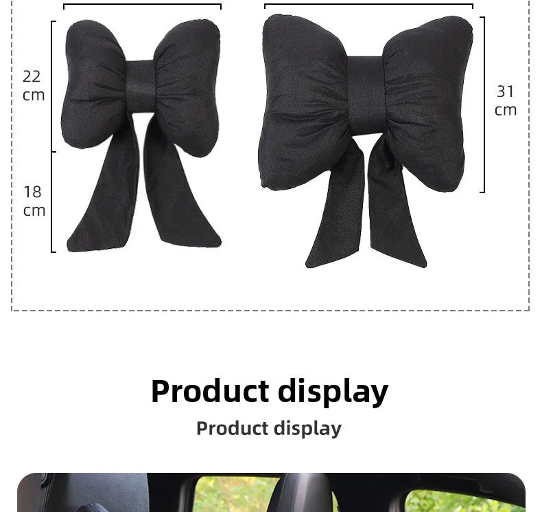 Fashion car headrest with bows cotton and linen pillow suitable for plaid's road trips and cute interior decorations