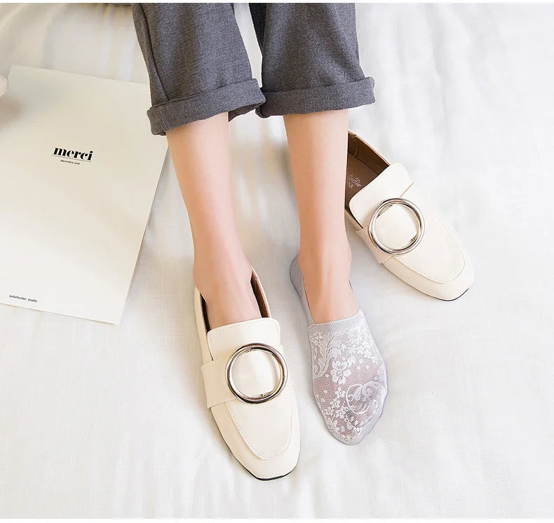 5 Pairs/Lot Socks Women's Fashion Lace Flower Summer Invisible Short No-Show Foot Ankle Set Antiskid White Boat Sock