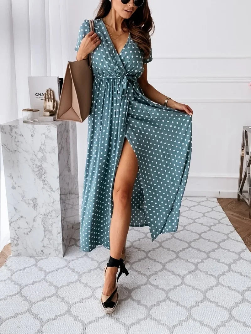 Women's Summer Short Sleeved V-neck and Ankle Skirt Bohemian Polka Dot Printed Dress Long Skirt