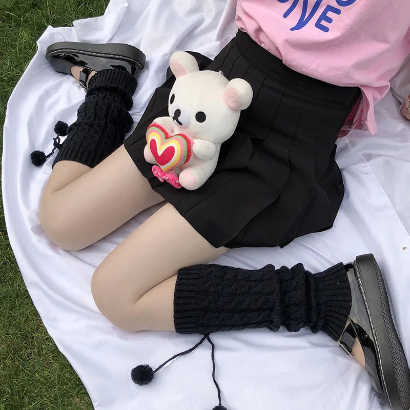Japanese Style Winter Warm Socks Lolita Warm Leg Knitted Socks Wool Ball Knitted Foot Covers Leg Warmers With Balls For Women