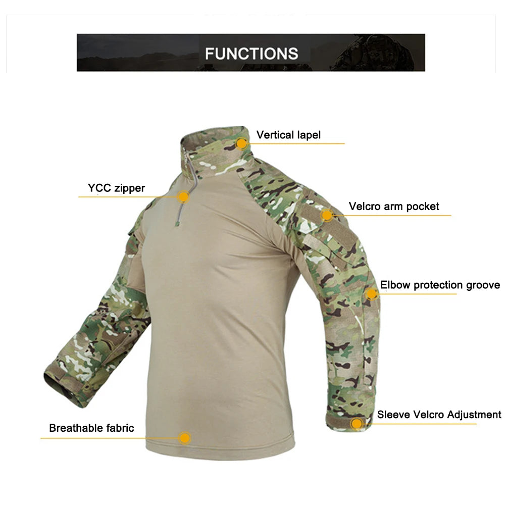 Men Camouflage Uniform Combat Shirt Outdoor Tactical Long Sleeve Shirt Paintball Camping Hunting Clothing