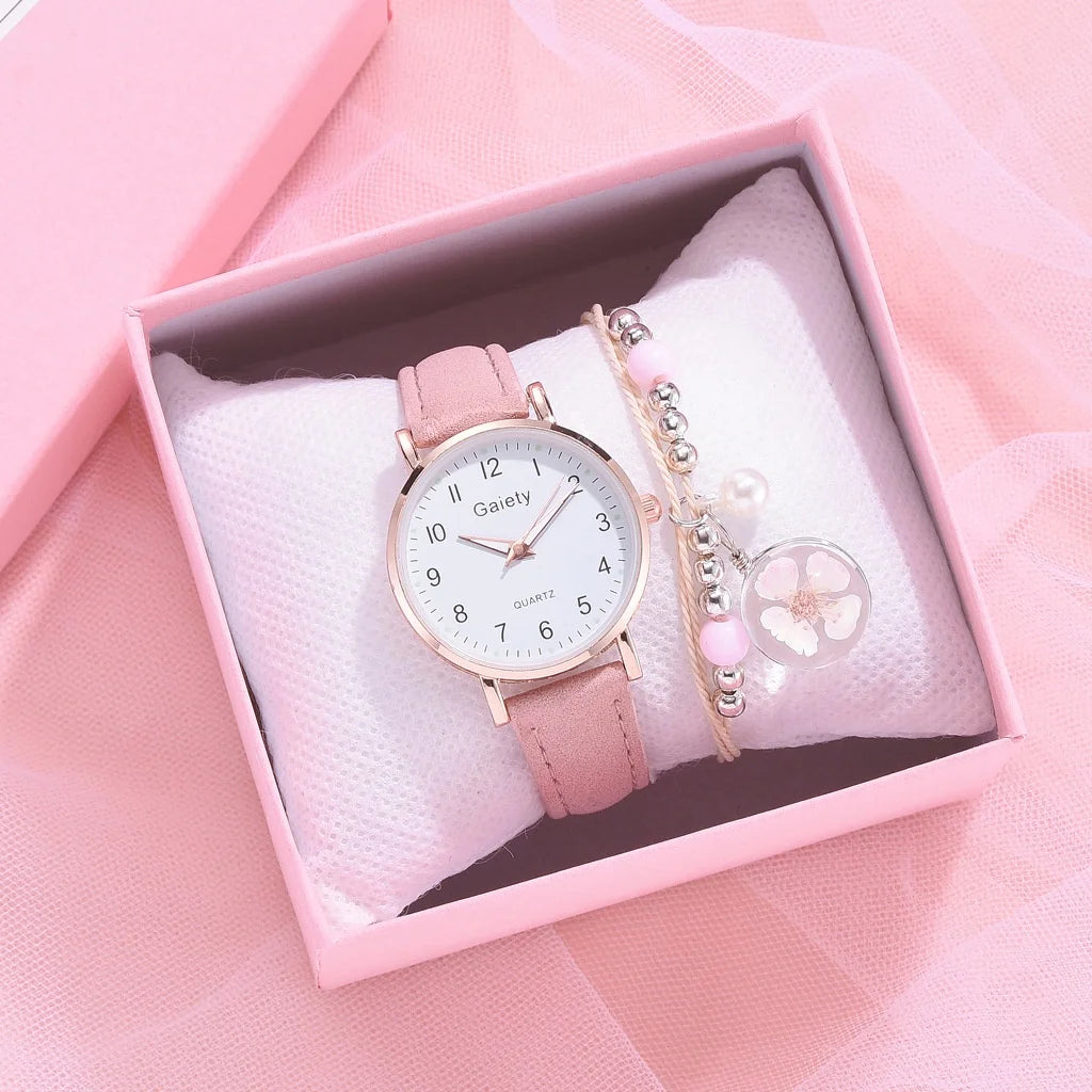 Women's Fashion Simple Glow Leather Watch Strap Quartz Watches Free Two Piece Bracelet Set No Box
