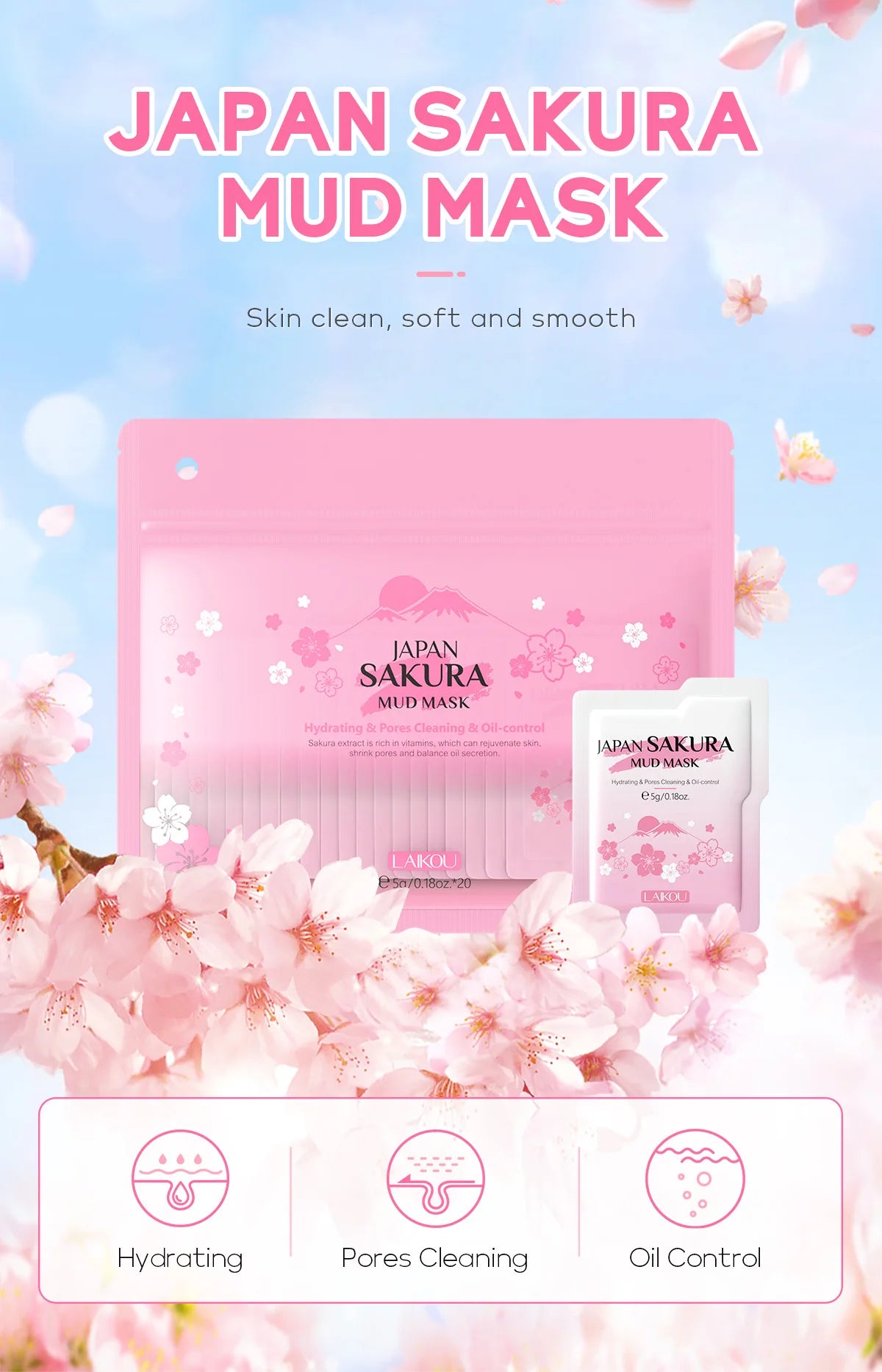 LAIKOU Japan Sakura Solid Mask Deep Cleansing Oil Control Balance Antioxidan Shrink Pores Remove Blackheads Mud Mask 5g