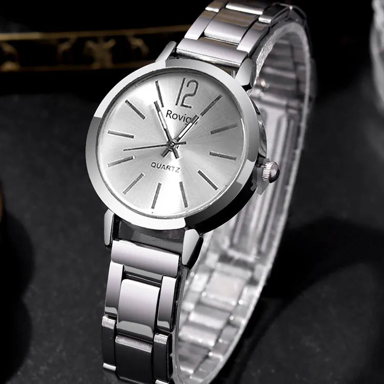 Kegllect 4PCSCouple Steel Strap Watch Heart Magnetic Necklace Set Round Dial Causal Quartz Watches for Man and Woman