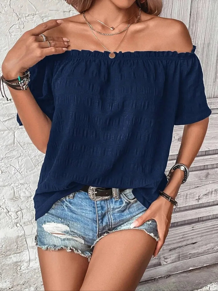 Women's Fashion Off The Shoulder Shirt Casual Pleated One Shoulder Short Sleeve Shirt Versatile Solid Color Shirt