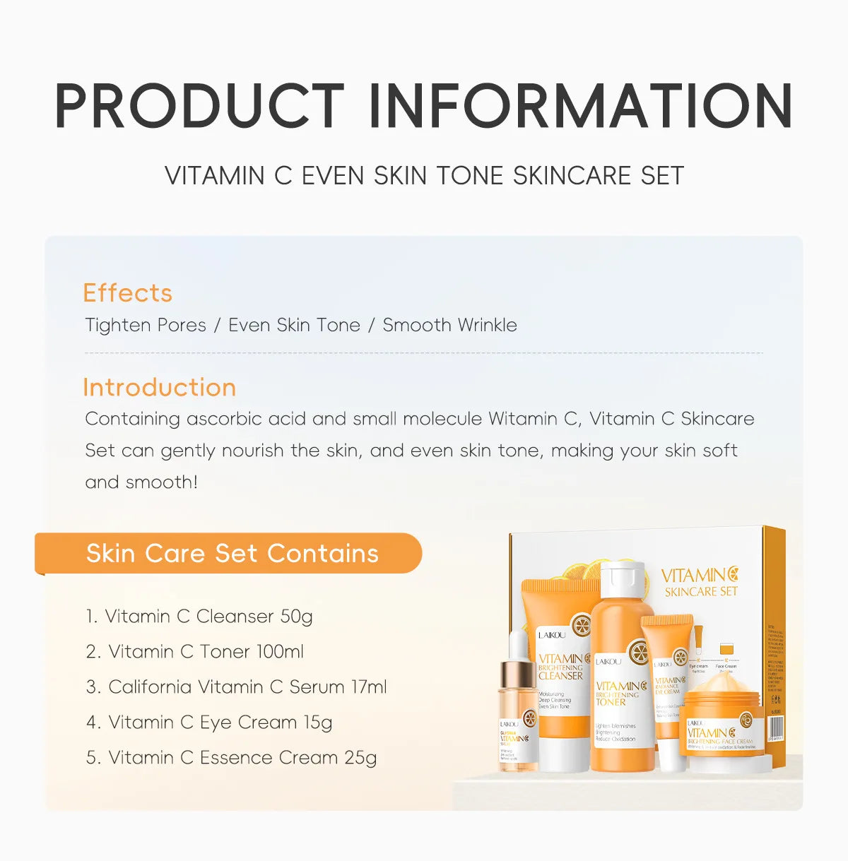 LAIKOU 5pcs Vitamin C Skin Care Set Deep Cleansing Facial Cleanser Face Cream Moisturizer Toner Eye Serum Gift Box Skin Care