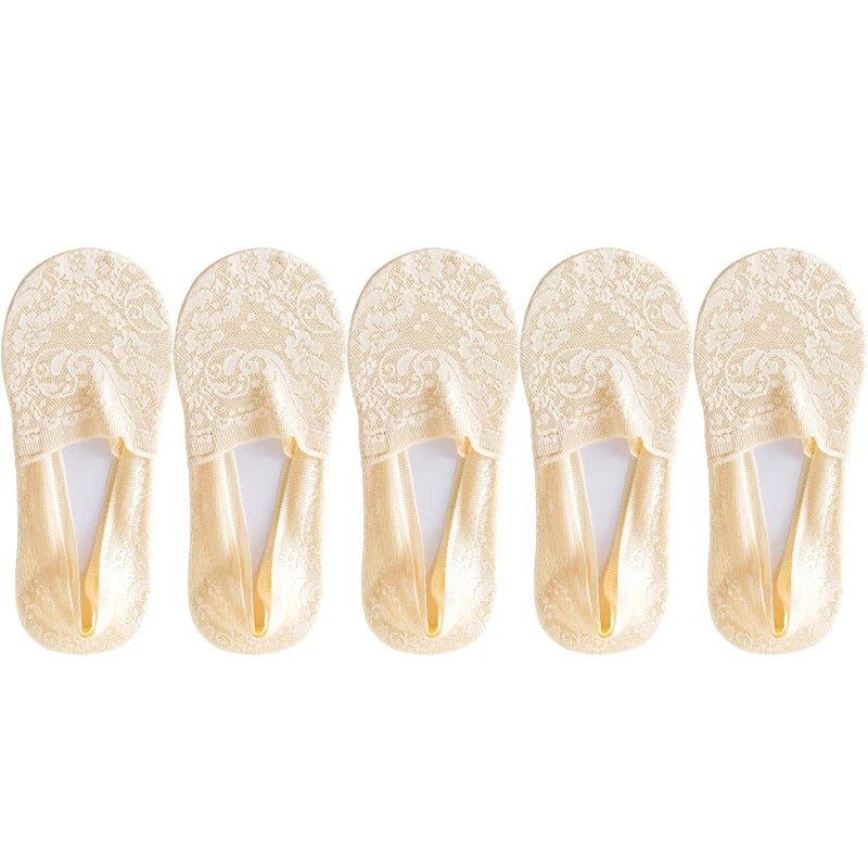 5 Pairs/Lot Socks Women's Fashion Lace Flower Summer Invisible Short No-Show Foot Ankle Set Antiskid White Boat Sock