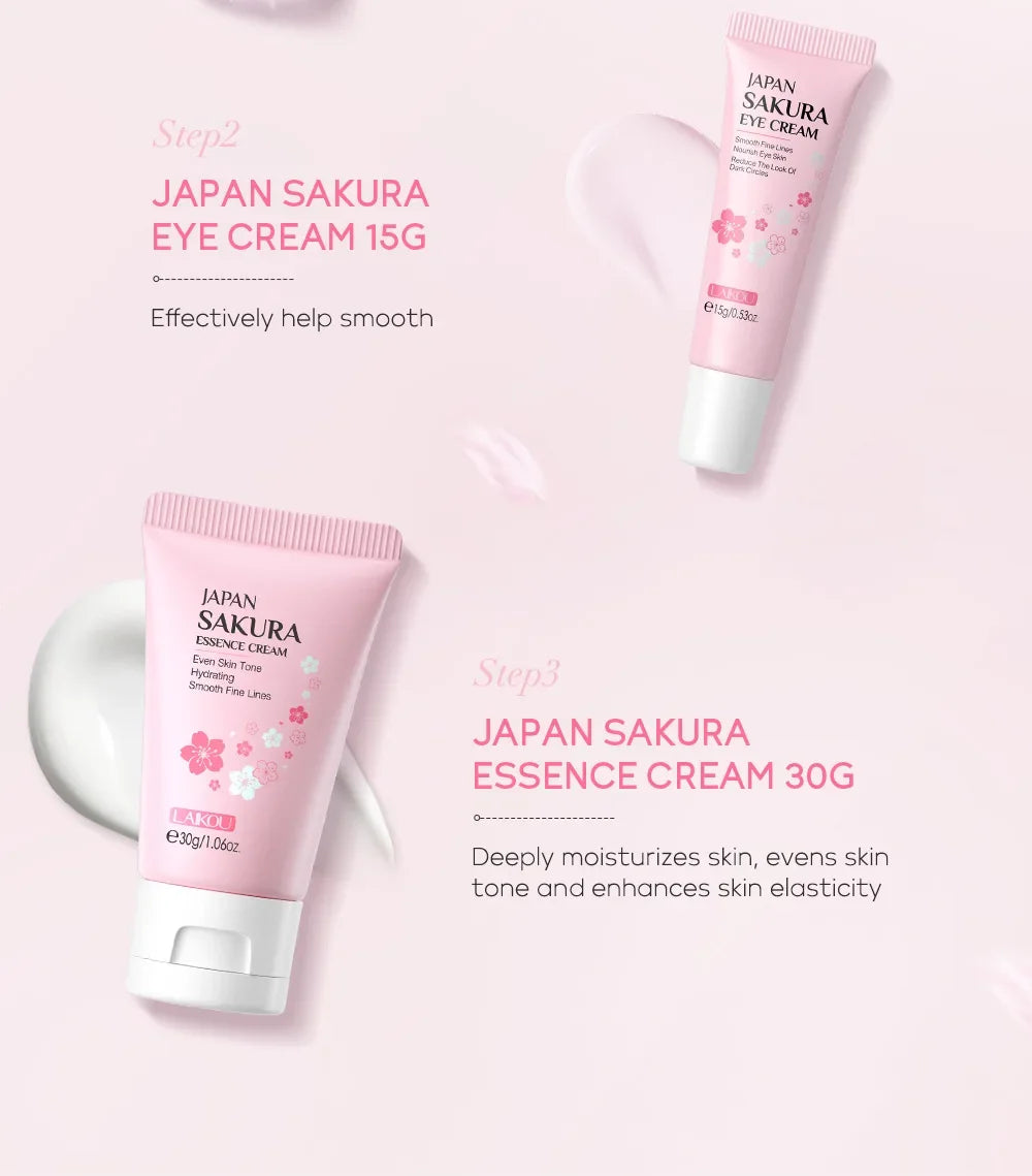 LAIKOU Cherry Blossom Skin Care Set 3-piece Essence Eye Cream Face Cream Skin Care Product Facial Products Kit Skincare Sets