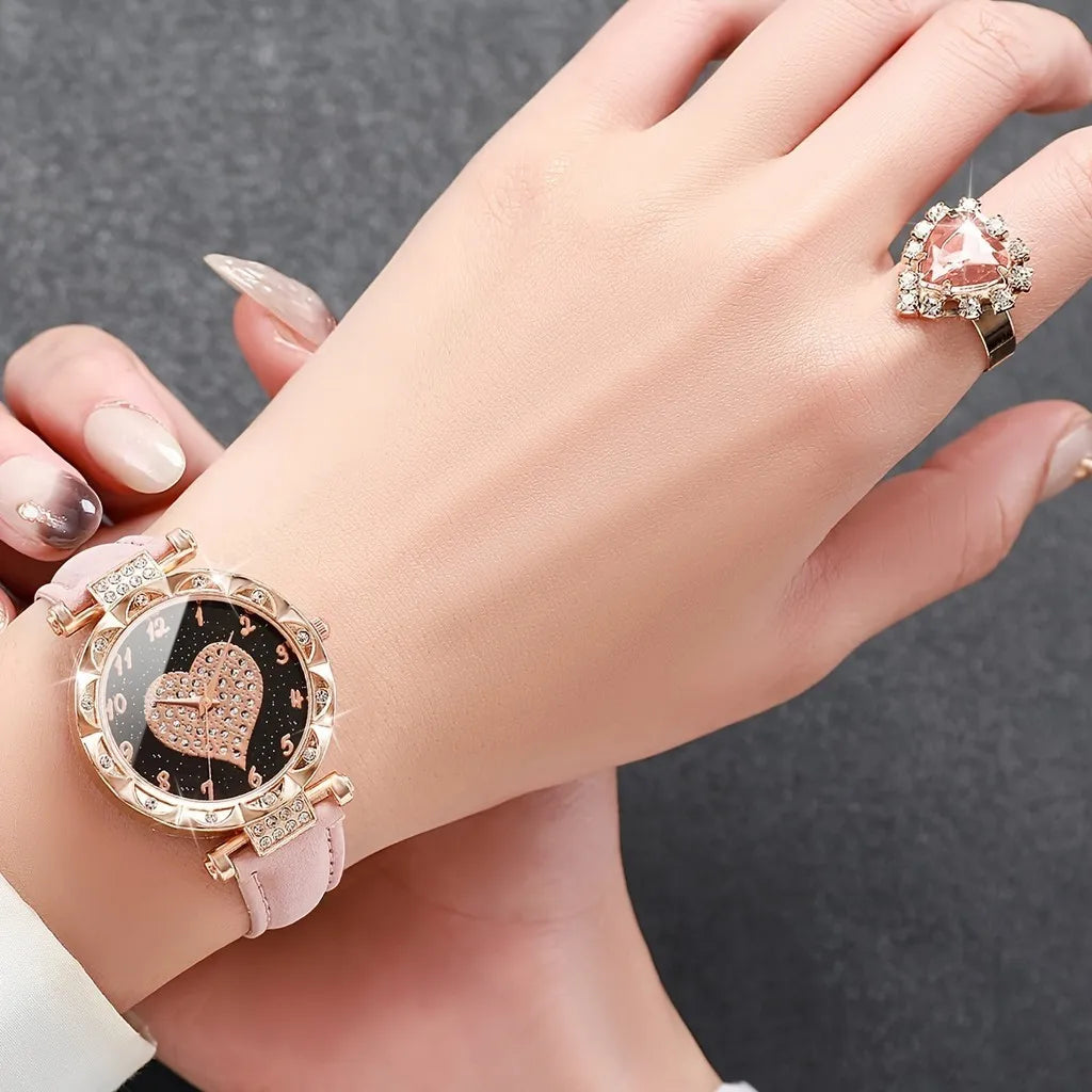 Kegllect 5PCS Women Quartz Watch Set for Gift Heart Shaped Rhinestone Accessories Mother Her