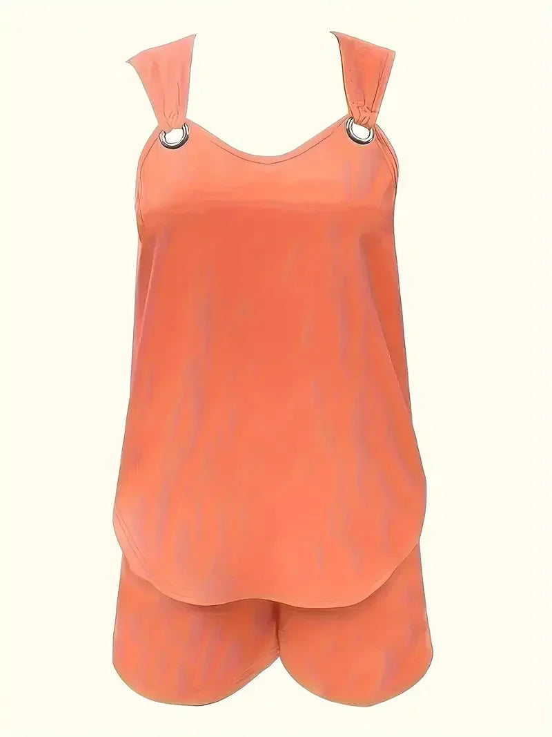 Plus Size 1XL-5XL Women's Solid Chic Casual Two-Piece Set Comfortable Crew Neck Tank Top Grommet Eyelet Detail & Trendy Shorts
